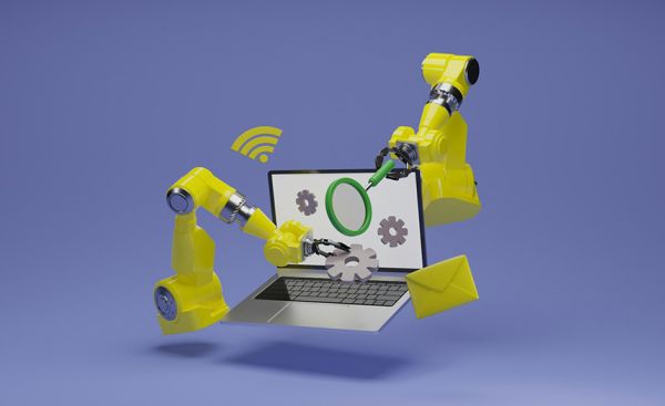 Marketing-Automation - Roboter bedienen einen Laptop