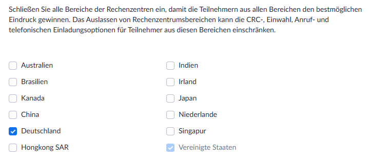 Zoom Einrichtung: Liste mit Auswahl der Server in Europa