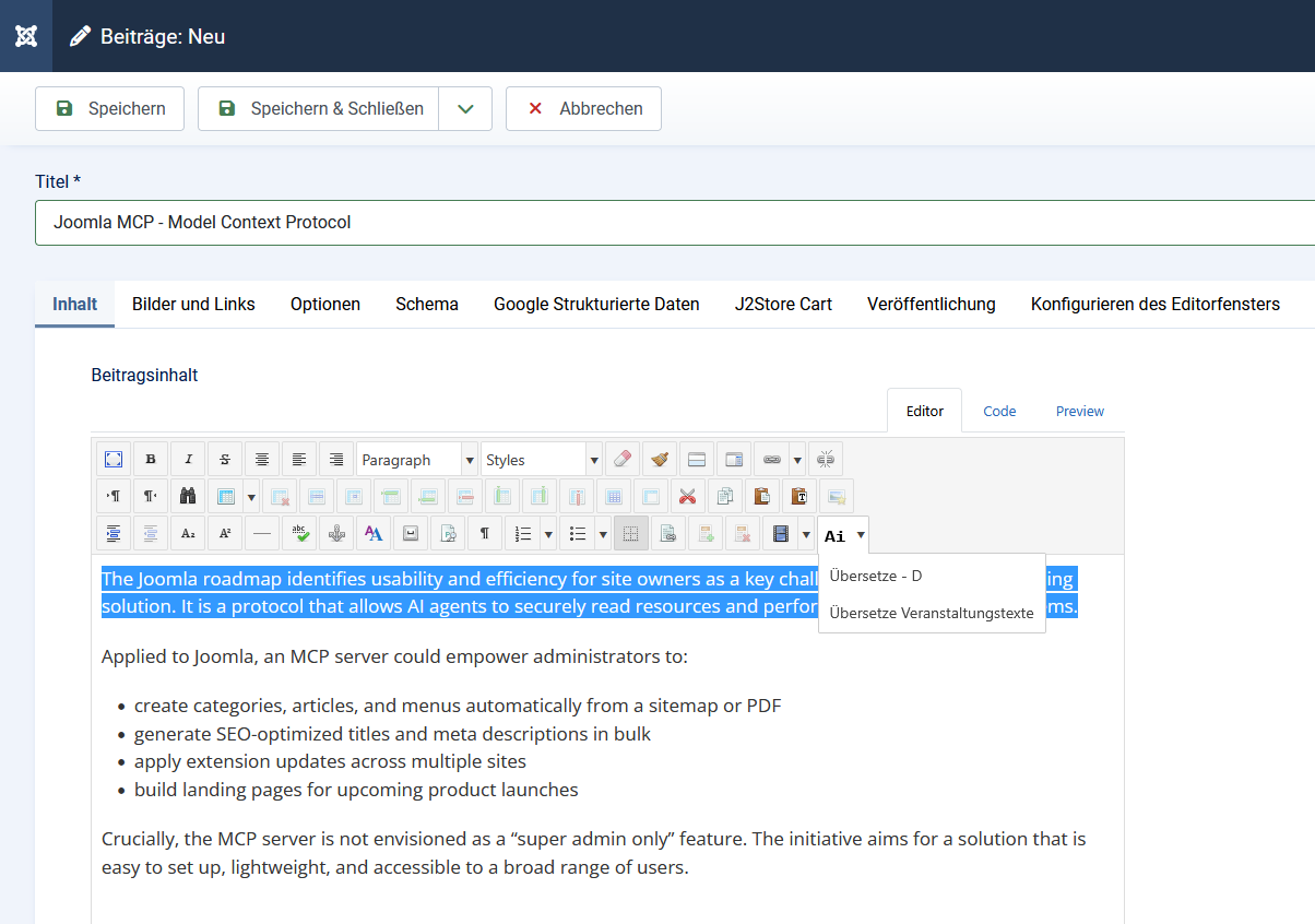 Joomla AI Button auf einem Screenshot