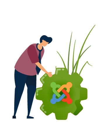 Grafik einer Person, die an einem Joomla-Zahnrad dreht