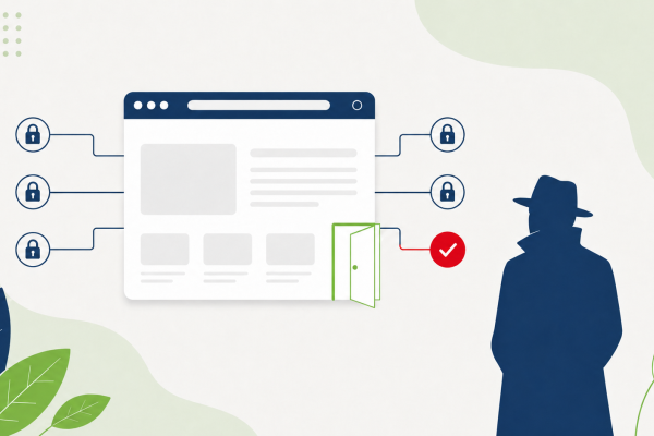 Silhouette einer Person mit hochgezogenem Kragen beobachtet ein Browserfenster mit geöffneter Tür