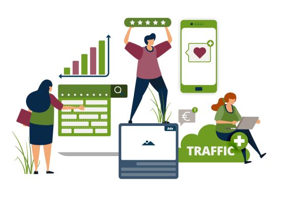 Grafik mit Personen zum Thema SEO und Ladezeit