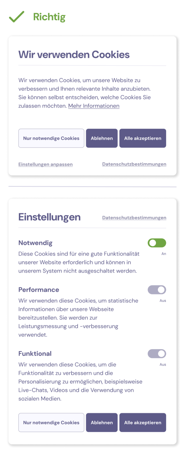 Screenshot eines DSGVO-konformen Cookie Banners und den Cookie Einstellungen
