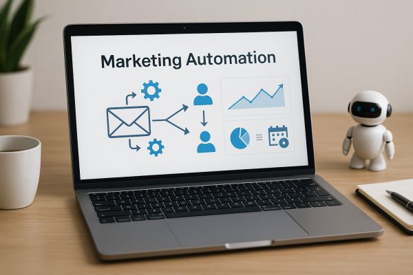 Marketing Automation - Roboter neben einem Laptop