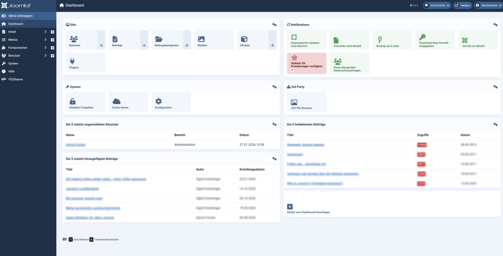 Screenshots vom Dashboard des Joomla Backend