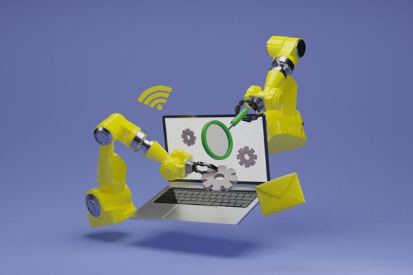 Marketing-Automation - Roboter bedienen einen Laptop